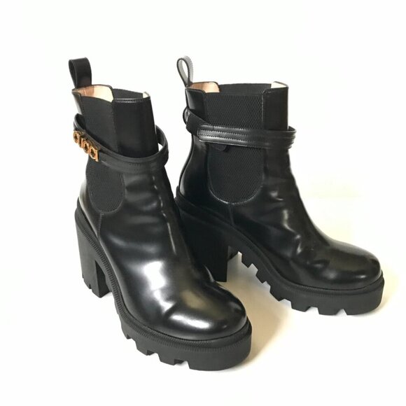 Gucci Trip Ankle Logo Plaque Boots Womens 41.5 11.5 Black Leather Chelsea Combat - Picture 7 of 15